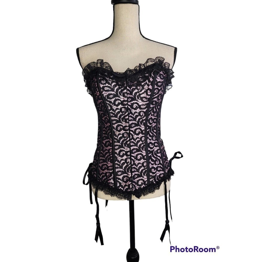 Dreamgirl Corset Strapless Pink Satin Lace Overlay Front Closure Size 34